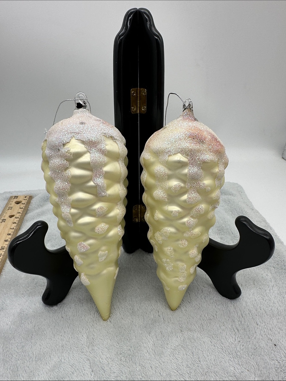 Vintage Large Glass Pinecone’s Antique White with Glitter White, Grey & Purple